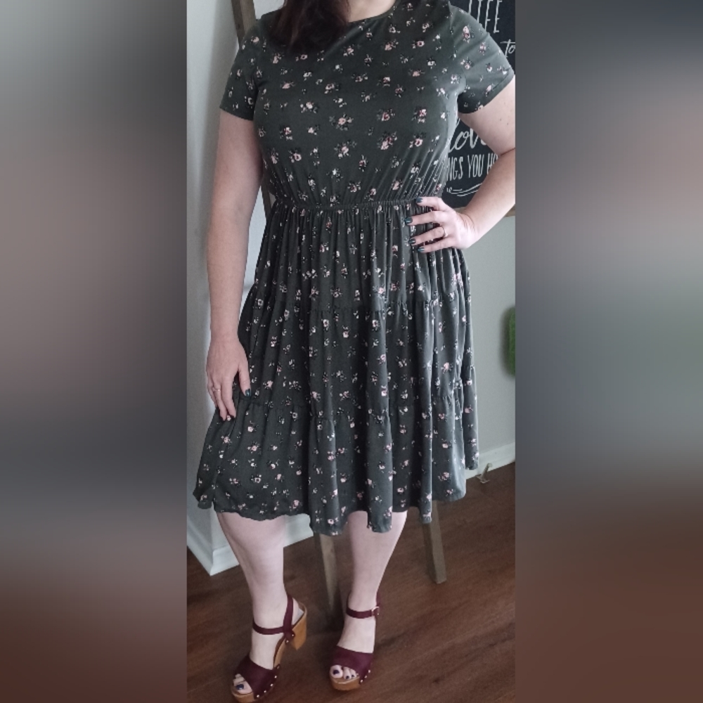 LARK + GREY:Soft Olive Green Dress with Elastic Waist